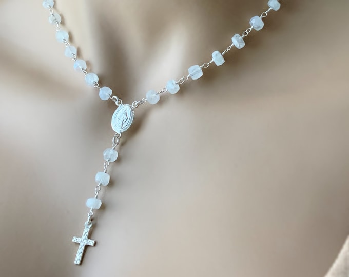 Rainbow Moonstone Rosary, Mother Mary Rosary, Sterling Silver Cross Rosary, Delicate Silver Necklace, Inspirational Lariat, #1048