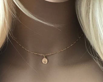 14k Gold Filled Guadalupe Choker, Jessie Inspired Guadalupe Necklace, Figaro Chain, Mother Mary Inspirational Choker, ID# 495