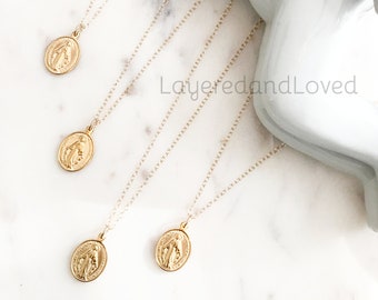 Gold Mother Mary Coin Necklace, 14k Gold Filled Inspirational Necklace, Dainty Religious Jewelry, Gold Coin,  #707