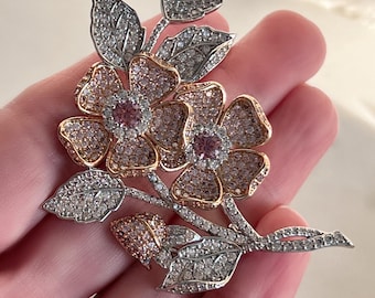 Queen Elizabeth Double Rose Brooch, Rhodium & Rose Gold Plated High Quality Zircon Brooch, Floral Brooch, #1745