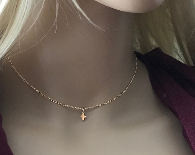 Teeny Tiny 14k Gold Cross Choker, Gold Diamond Cut Figaro Chain Choker, Adjustable for the Perfect Fit, Petite Inspirational Necklace, #783