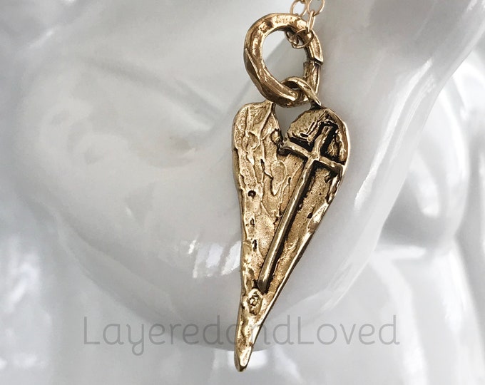 Bronze Long Layered Cross on Heart 14k Gold Filled Necklace, Artisan Textured Heart with a Cross, Inspirational Gift #681