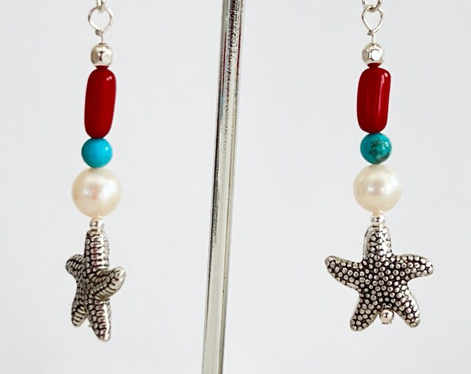 Starfish Earrings, Sterling Silver Dangles, Turquoise, Pearl and Coral, Red, White & Blue, Patriotic Jewelry, Boho Beach Earrings, #1725