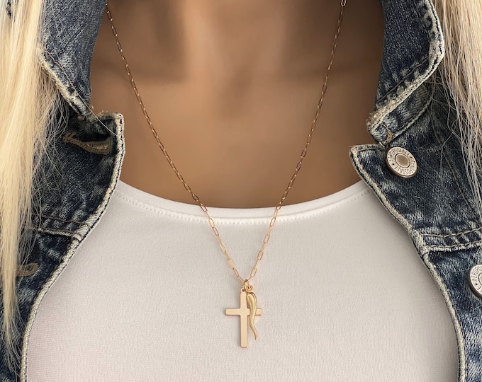 Gold Italian Horn & Cross Necklace, 14k Gold Filled Paperclip or Venetian Chain, Inspirational and Protection Amulet, Unisex  #1421