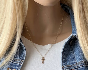 Gold Cross Necklace, 14k Gold Filled Crucifix Cross and Chain, ALL Gold Filled, Layering Cross, Sterling Silver Option too, #1198