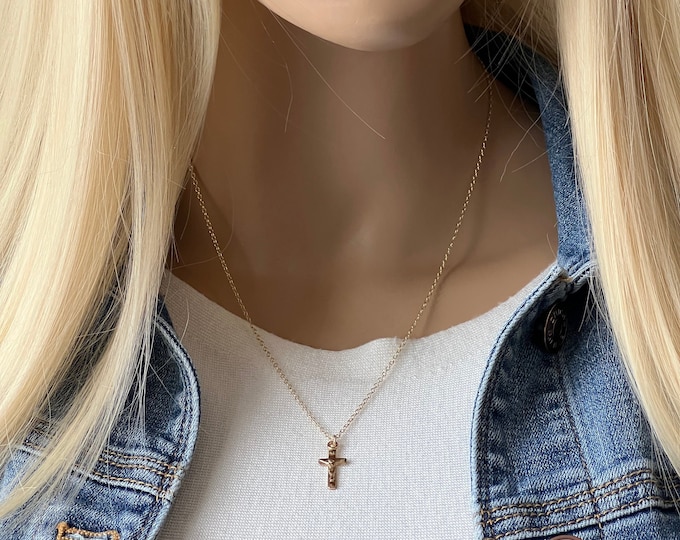 Gold Cross Necklace, 14k Gold Filled Crucifix Cross and Chain, ALL Gold Filled, Layering Cross, Sterling Silver Option too, #1198