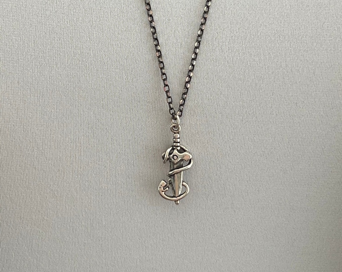 Sterling Silver Snake & Dagger Necklace, Detailed Dagger Charm, Sterling Silver Diamond Cut Ruthenium Plated Chain, #1365