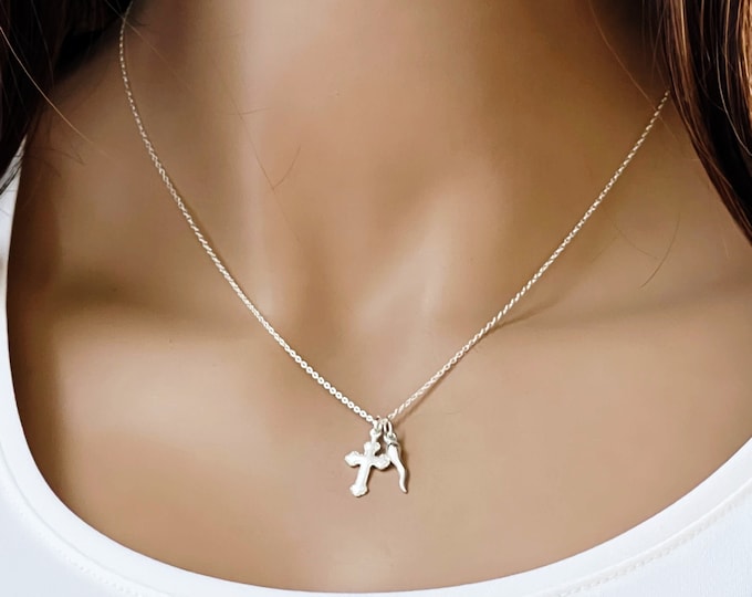 Sterling Silver Italian Horn & Cross Necklace, Inspirational Protection, Layered Amulet and Cross, Large or Small Horn,  #1210