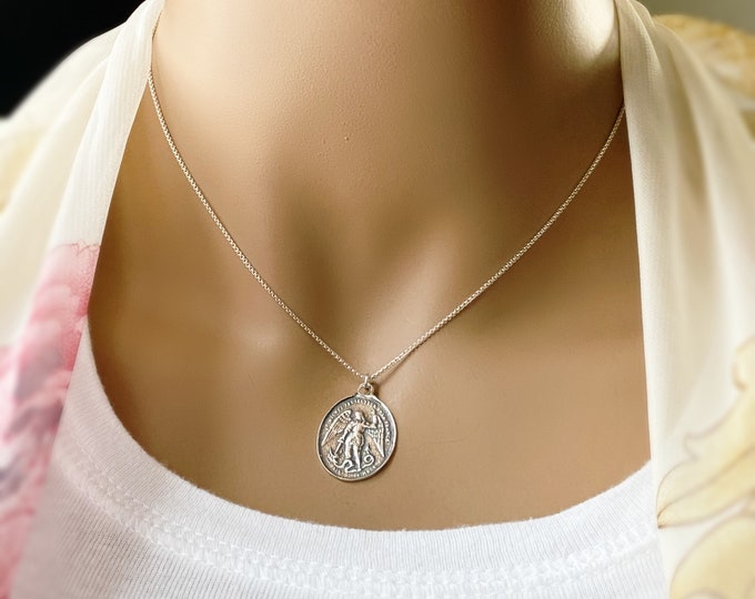 Sterling Silver Saint Michael on Curb Chain Necklace, Reversible with Mother Mary, Inspirational Protection Coin, Police and Fire, #1111