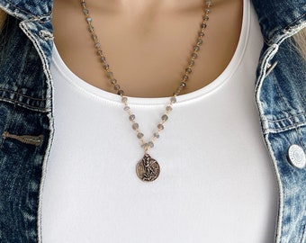 Saint Michael Labradorite Rosary Chain Necklace, Pure Bronze Saint Michael Charm, Flashy Labradorite Gemstones, Inspirational, #1705