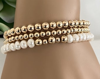 Pearl & 14k Gold Beaded Stacked Bracelets, Freshwater Pearls, June Birthstone, Anniversary Bracelet, Dainty Layering Bracelet, #1520