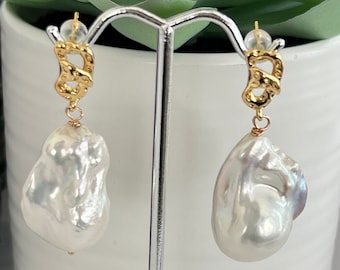 Large Fireball White Baroque Pearl Earrings, Blue Flame Pearls with High Luster, Gold Oval Swirls, Sterling Silver Pins, #1536