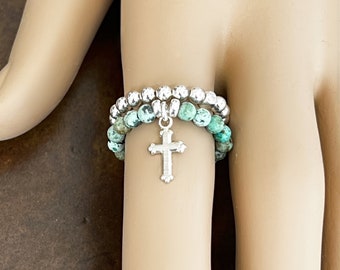 African Turquoise & Silver Cross Stretch Ring, Sterling Silver Beads, Layered Rings Set, Finger Rings, #1266/#1241