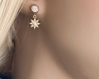 Paved Gold Sun Dangling Earrings, Dainty Celestial Posts, CZ Bezel Earring, Bohemian Jewelry #1332