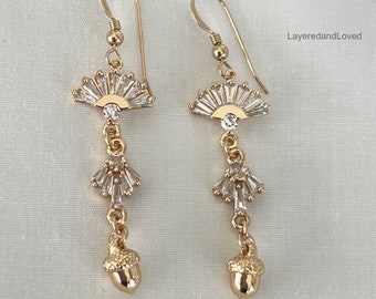 Art Deco Zircon Acorn Chandelier Earrings, 14k Gold Filled Drop Earrings, Zircon FANtastic Earrings, Gold Acorns, #1526