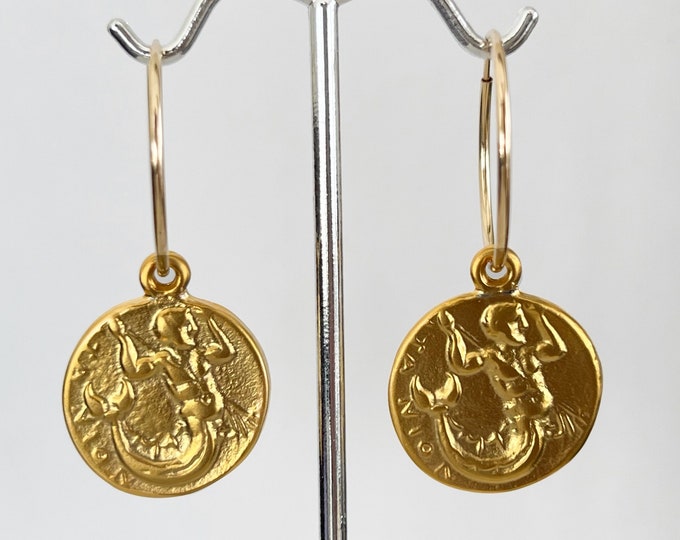Gold Coin Hoop Earrings, 14k Gold Filled Endless Hoops, Triton King of the Seas, Merman Earrings, Greek God Coin Earrings, # 1326