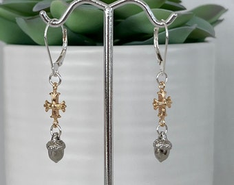 British Cross Sterling Silver Drop Earrings, Silver Acorn Chandelier Earrings, Mixed Metal Design, Crusader Cross, Buckingham Palace, #1527