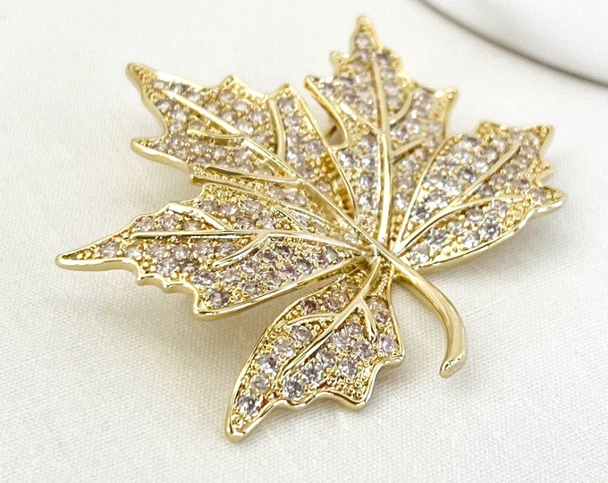 Gold Kate Middleton Inspired Royal Canadian Maple Leaf Brooch, Gorgeous Sparkly Diamond Zircons Brooch, #1484