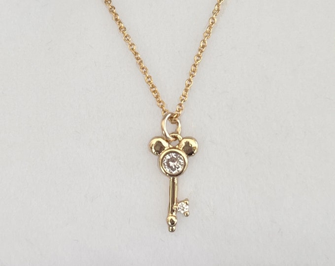 Gold Zircon Mouse Key Necklace, Tiny Key Charm, 14k Gold Filled Necklace, Dainty Layering Chain, Gold Princess CZ Choker, #1681