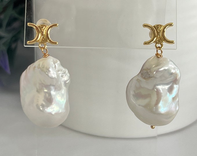 SALE /// Large Fireball White Baroque Pearl Earrings, Beautiful High Luster Pearls, Gold Crescent Moons with Sterling Silver Pins, #1534