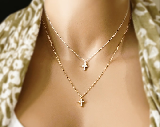 Cross Necklace, Teeny Tiny Sparkly Cubic Zirconia Cross Necklace, 14k Gold Filled or Sterling Silver, Petite Cross Choker, #800/#801