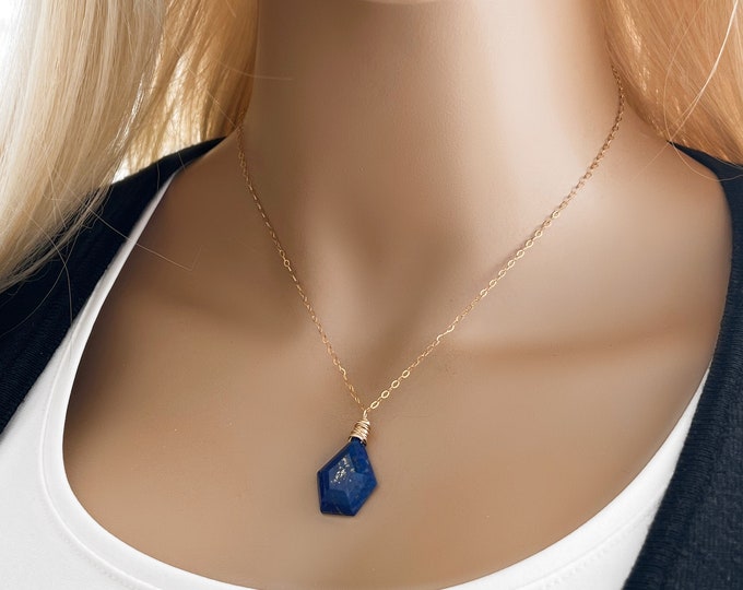 14k Gold Filled Blue Lapis Pentagon Necklace, 14k Gold Filled Wire Wrapping or Sterling Silver, #1281