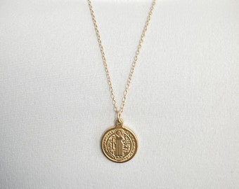 Long Gold Saint Benedict Necklace, 14k Gold Filled Cable Chain, Double Sided Saint Benedict Coin, Inspirational Coin necklace, #706