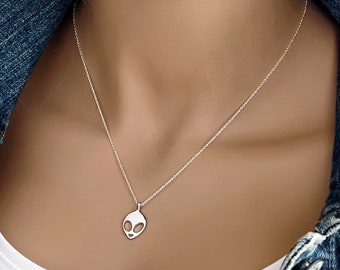Sterling Silver Alien Necklace, 14k Gold Filled or Sterling Silver Necklace, Unisex Necklace, Area 51, Halloween #769
