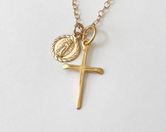 Layered Cross & Guadalupe Necklace, Sterling Silver or 14k Gold Filled, Inspirational Charms, Minimal Slim Cross, Tiny Guadalupe #604-#609