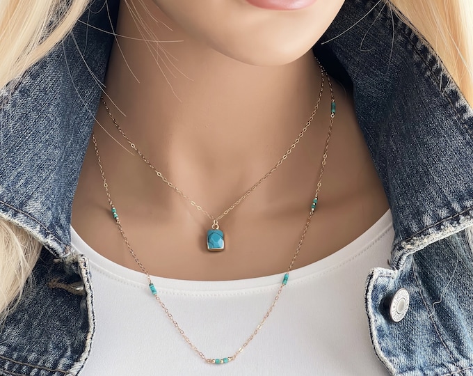 Gold Turquoise Necklace, 14k Gold Filled Necklace, Faceted Gold Edge Turquoise Charm, Ocean Blue Turquoise Howlite Charm Necklace #1690