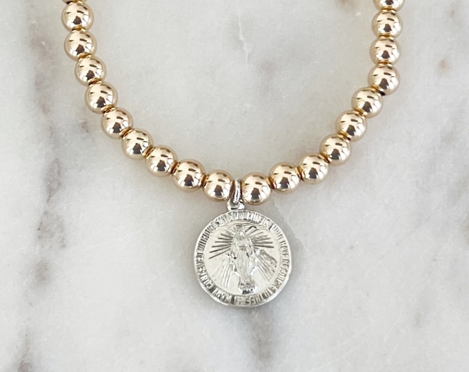 14k Gold Large Beaded Bracelet & Sterling Silver Mother Mary Charm Stretch Bracelet, 5mm 14k Gold Filled Beads, Inspirational #1295