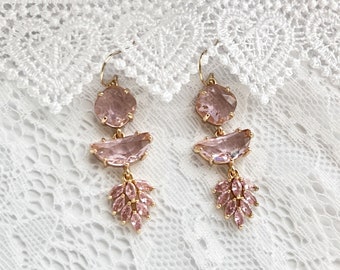 14k Gold Filled Pink Chandelier Earrings, Sparkling Trio Dangle Earring Charms, 14k Gold Filled Earwires, October Birthstone, Libra,  #1676