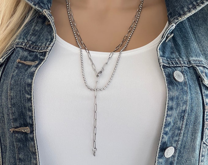 Unisex Layered Chain Set, Stainless Steel Paperclip & Ball Chains, Non Tarnish Chains, 2 Necklaces, Lariat Clip Chain, Double Wrap #1363