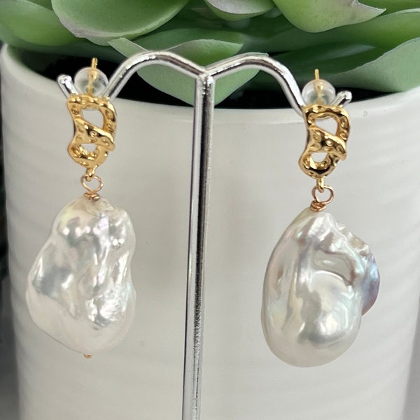 Large Fireball White Baroque Pearl Earrings, Blue Flame Pearls with High Luster, Gold Oval Swirls, Sterling Silver Pins, #1536