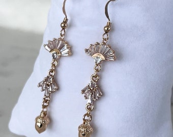 Art Deco Zircon Acorn Chandelier Earrings, 14k Gold Filled Drop Earrings, Zircon FANtastic Earrings, Gold Acorns, #1526