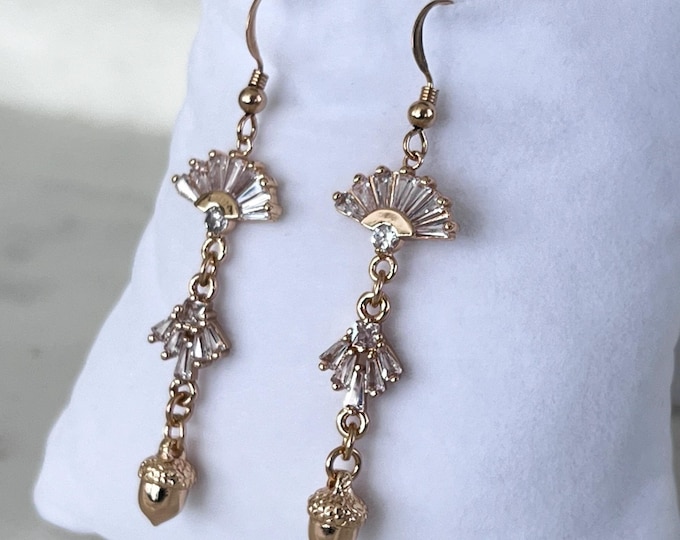 Art Deco Zircon Acorn Chandelier Earrings, 14k Gold Filled Drop Earrings, Zircon FANtastic Earrings, Gold Acorns, #1526