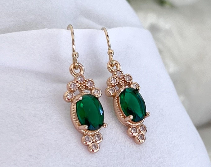Emerald Green Bridgerton Inspired Diamond Zircon Earrings and Necklace Set, Choice Colors, Dainty 14k Gold Filled Jewelry #1694