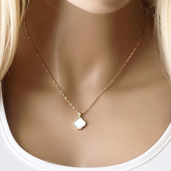 14k Gold Filled Clover Necklace, Dainty MOP Quatrefoil Necklace, Favorite Design of Kate Middleton, Inspirational Modern Cross Design, #1214