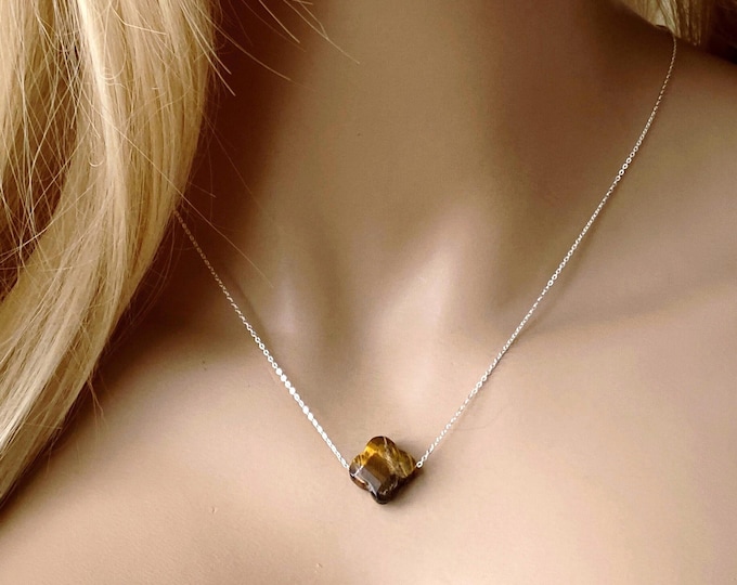 14k Gold Filled Tiger Eye Clover Gemstone Necklace, Sterling Silver Quatrefoil Minimalist Choker #1167