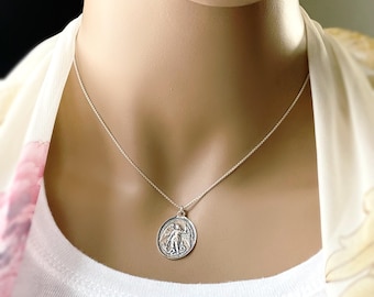 Sterling Silver Saint Michael on Curb Chain Necklace, Reversible with Mother Mary, Inspirational Protection Coin, Police and Fire, #1111