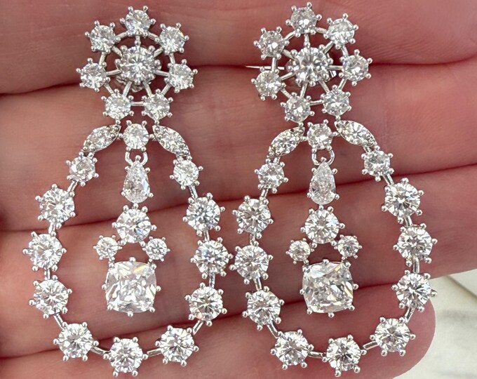 NEW Queen Elizabeth Inspired Orbital Zircon Earrings, Sterling Silver Posts, Round Orbital Dangle Pendant Earrings, #1806