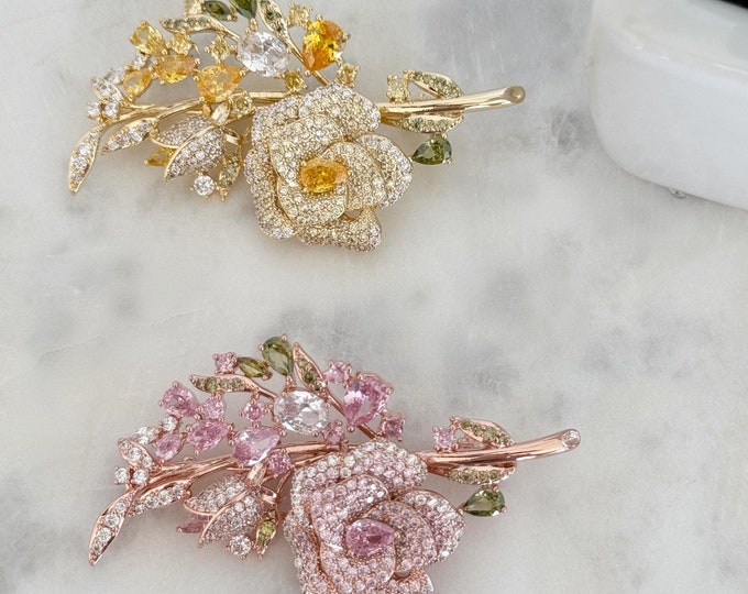 Luxury Rose Gold Brilliant Sparkle Rose Brooch, Rhodium & Rose Gold High Quality Zircon Brooch, Floral Brooch, #1745