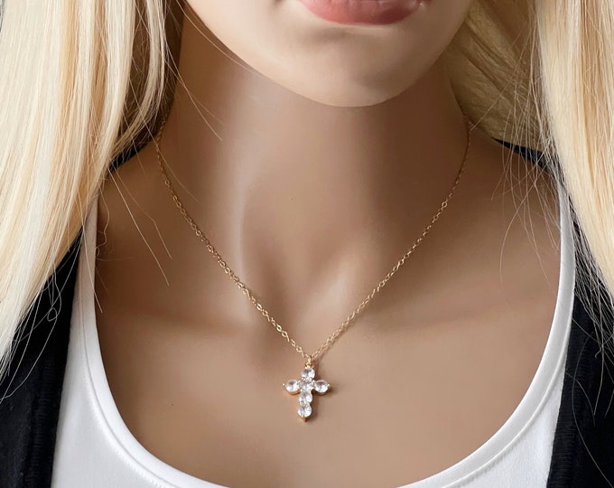 Kim K Met Gala Inspiration Chunky CZ Cross Necklace, 14k Gold Filled Inspirational Necklace, Sparkling Cross, Large CZs, #1226
