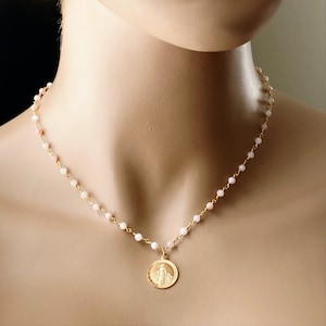 14k Gold Filled Mother Mary Pink Opal Rosary Necklace, Dainty Gemstone Chain, Holy Virgin Mary, Short or Long, Inspirational Necklace, #980