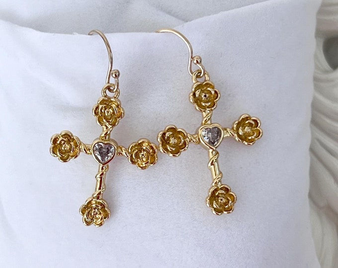 14k Gold Filled Zircon Cross Earrings, Elegant Rose Cross, Zircon Heart Bezel Center, Fancy & Light Weight Dainty Earrings, Religious #1757