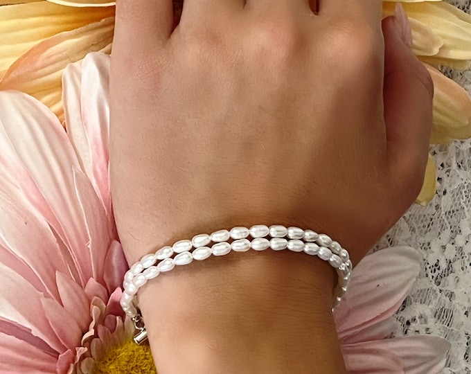 Double Strand Freshwater Rice Pearl Bracelet, Sterling Silver Pearl Bracelet, Dainty White Pearl Bracelet with Faceted Disco Bead Ext, #1525