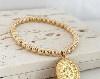Gold Aztec Calendar Beaded Bracelet with 14k Gold Filled Beads, Large Mexican Pendant #1942