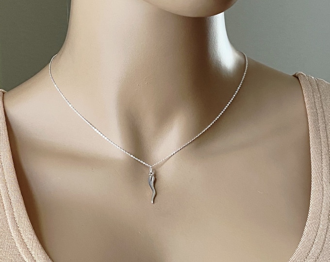 Silver Italian Horn Necklace, 100% Sterling Silver, Cornicello, Large / Small, Protection Against Evil, Lucky Horn, Italian Amulet #908/1082