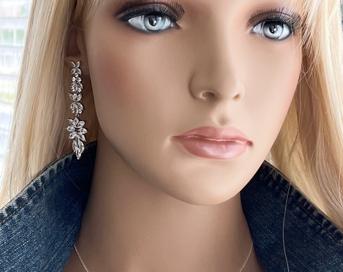 Wedding Zircon Crystal Chandelier Earrings, Dainty Long Silver Dangles, Clear Zircons, Sterling Silver Posts, Bridal Jewelry, #1579