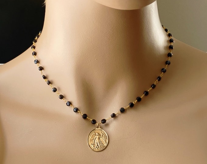 Saint Michael Rosary Necklace ~ Bronze Saint Michael Protection Medallion on Tourmaline Gemstone Rosary, #934